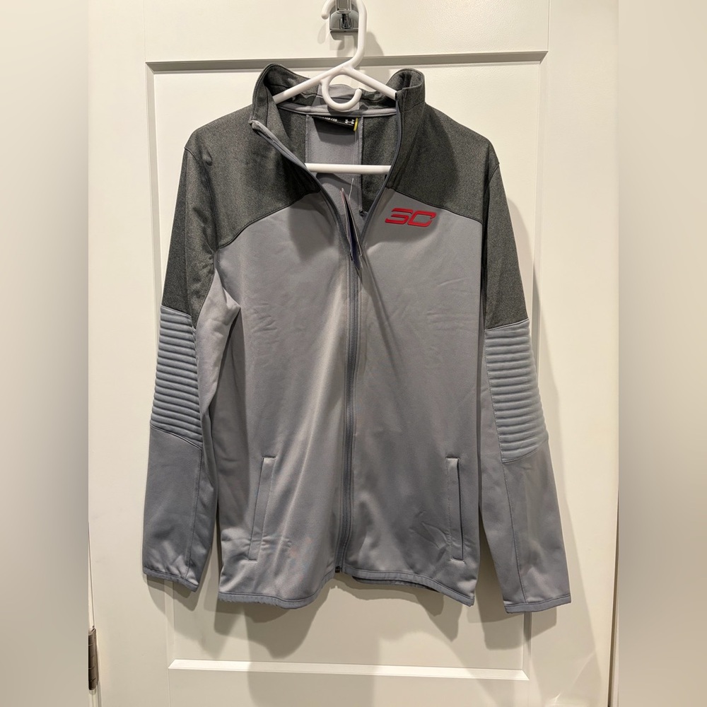 NWT Steph Curry UnderArmour Gray Zip-Up Jacket Red Logo Boys XL (size 14-20)